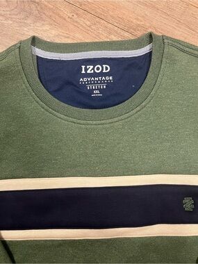Izod Green Crewneck Sweater with Navy and Cream Stripes warm cozy sweater fall